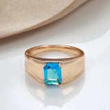 Fashion Glossy 14K Rolled Rose Gold AAA Square Blue Zircon Crystal Ring For Women or Men - Fine Jewellery