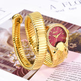Amazing Luxury Brand Red Dial Snake Shape Zirconia Diamond Ladies Gold Iced Out Analog Quartz Movt Unique Watch
