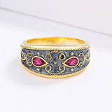 Two-tone Handmade Enamel Inlaid with AAA Red Zircon Crystal Classic 18KGP Ring