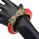 Unique Design Trendy Double Leopard Head Enamel Statement Cuff Bracelets Bangles, Gold Plated Animal Vintage Bracelet