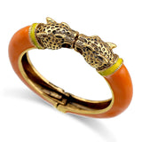 Unique Design Trendy Double Leopard Head Enamel Statement Cuff Bracelets Bangles, Gold Plated Animal Vintage Bracelet