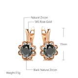 14K Rolled Rose Gold Center Inlay AAA Black Zircon Diamonds Surround Flower Earrings