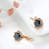 14K Rolled Rose Gold Center Inlay AAA Black Zircon Diamonds Surround Flower Earrings