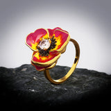 High-quality Handmade Epoxy Red Enamel AAA Zircon Diamond Flower Ring