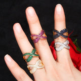 New Noble Micro Green Blue Red AAA+ CZ Crystals Pave Gold Colour Luxury Cross Geometry Fashion Rings - The Jewellery Supermarket