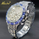 Luxury Gold Stainless Steel Iced Bracelet Purple CZ Diamonds 3 Dial Watches