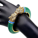 Unique Design Trendy Double Leopard Head Enamel Statement Cuff Bracelets Bangles, Gold Plated Animal Vintage Bracelet