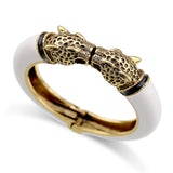 Unique Design Trendy Double Leopard Head Enamel Statement Cuff Bracelets Bangles, Gold Plated Animal Vintage Bracelet