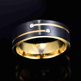 New 8mm Black Tungsten Steel Ring with Two Gold Grooves Inlaid with 2 Zircons Rings Men Ring - The Jewellery Supermarket