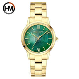 Top Brand Elegant Style Gold Stainless Steel Green Stone Dial Quartz Shell Pearl Oyster Waterproof Ladies Watches