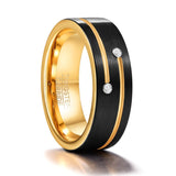 New 8mm Black Tungsten Steel Ring with Two Gold Grooves Inlaid with 2 Zircons Rings Men Ring - The Jewellery Supermarket