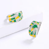 Classic Leaf Green Handmade Enamel AAA Zircon Diamonds Silver Earrings