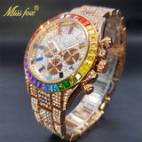 Luxury Gold Stainless Steel Iced Bracelet Purple CZ Diamonds 3 Dial Watches