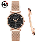 New Elegant Quartz Ladies Watches Stainless Steel Mesh Casual Waterproof Wrist Watches with 1 Set Bracelet