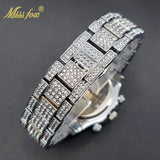Luxury Gold Stainless Steel Iced Bracelet Purple CZ Diamonds 3 Dial Watches