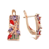 14K Gold Filled AAA Inlay Jelly Green Violet Zircon Diamonds Gold Flower Square Earrings