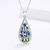 925 Silver Fashion Handmade Enamel Blue Flower Ladies Pendant Necklace