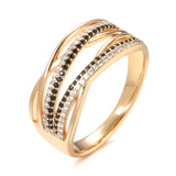 New Luxury 14K Rolled Rose Gold Ring With Black AAA Zircon Diamonds Fashion Geometric Line Cross Ring