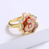 Golden Flower Pink Enamel Handmade AAA Diamonds Zircon Epoxy 925 Silver Ring