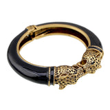 Unique Design Trendy Double Leopard Head Enamel Statement Cuff Bracelets Bangles, Gold Plated Animal Vintage Bracelet