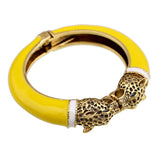 Unique Design Trendy Double Leopard Head Enamel Statement Cuff Bracelets Bangles, Gold Plated Animal Vintage Bracelet