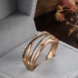 New Luxury 14K Rolled Rose Gold Ring With Black AAA Zircon Diamonds Fashion Geometric Line Cross Ring