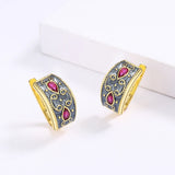 Exquisite Gold Inlaid AAA Red Zircon Crystal Handmade Enamel Two-tone Earrings