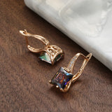 14K Gold Filled Rose Red Green Gradient AAAA  Rainbow Zircon Crystal Square Cut Earrings