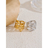 18K Gold Plated Trendy Stainless Steel Layered Hollow Geometric Wide Fashion Ring