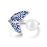 White Pearl Mermaid Tail AAA Blue Cubic Zirconia Crystals Open Silver Ring