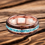 Inlaid Hawaiian Koa Wood Sky Blue Crystal Stone 6/8mm Tungsten Carbide Rings