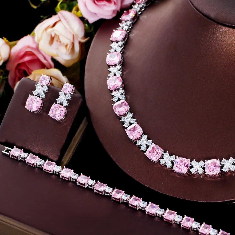 New Luxury Real AAA+ Cubic Zirconia Diamonds Paved Square Pink Necklace 4pcs Bridal Wedding Dress Jewellery Sets - The Jewellery Supermarket