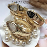 Elegant Luxury Jewellery Snake Design Zircon Diamonds Gold Colour Stainless Steel Women Quartz Bracelet Wristwatches