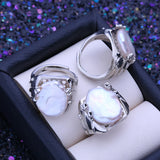Elegant Natural Freshwater12-16mm Big Baroque Pearl Silver Gold Colour Ring