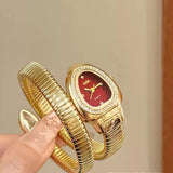 Snake Wrap Oval Rhinestone Bezel Red White Dial Metal Snake Chain Quartz Watch