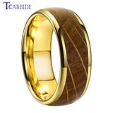 Whiskey Barrel Oak Wood Inlay Domed Polished Tungsten Engagement Wedding Rings