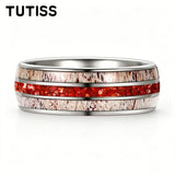 Deer Antler & Meteorite Inlay Silver 8mm Tungsten Carbide Mens Wedding Rings