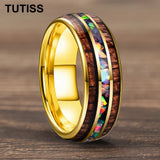 Inlaid Hawaiian Koa Wood Crushed Fire Opal 6/8mm Black Tungsten Carbide Rings