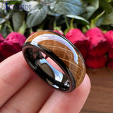 Whiskey Barrel Oak Wood Inlay Domed Polished Tungsten Engagement Wedding Rings