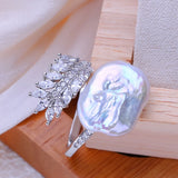 Big Baroque Natural Freshwater Pearl AAA Zircon Crystals Gold Colour Rings