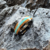 Amazing Whiskey Barrel Oak Wood Crushed Turquoise Inlay Tungsten Carbide Rings