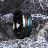 New Fashion Stylish Matte Brushed Black Plated Blue Lined Tungsten Rings - Engagement Wedding Jewellery - The Jewellery Supermarket