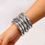 New Gold Silver Colour Chunky Bamboo Bracelets For Women - Stack Layered Curved Tube Stretch Modern Jewellery