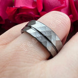 Multi-Faceted Brushed Offset Grooved  Hammer Finish 8MM Tungsten Wedding Rings