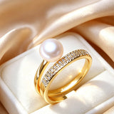 Elegant Bypass-Style Silhouette Real Pearl AAA Zircon Diamonds Gold Colour Ring
