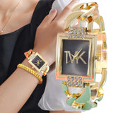 New Arrival Luxury Gold Brand Fashion Square With CZ Diamonds Simple Ladies Quartz Stainless Steel Strap Watches