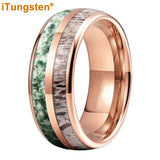 Polished Bevel Edges Deer Antler And Moss Agate Inlay 6/8mm Tungsten Carbide Rings