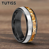 Dome Double Groove Inlaid Golden Crystal Stone Mother Of Pearl Shell 6/8mm Tungsten Ring