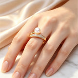 Elegant Bypass-Style Silhouette Real Pearl AAA Zircon Diamonds Gold Colour Ring