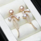 Delicate Ribbon Bow Silver Real Multicolour Pearl AAA Zircon Diamonds Stud Earrings